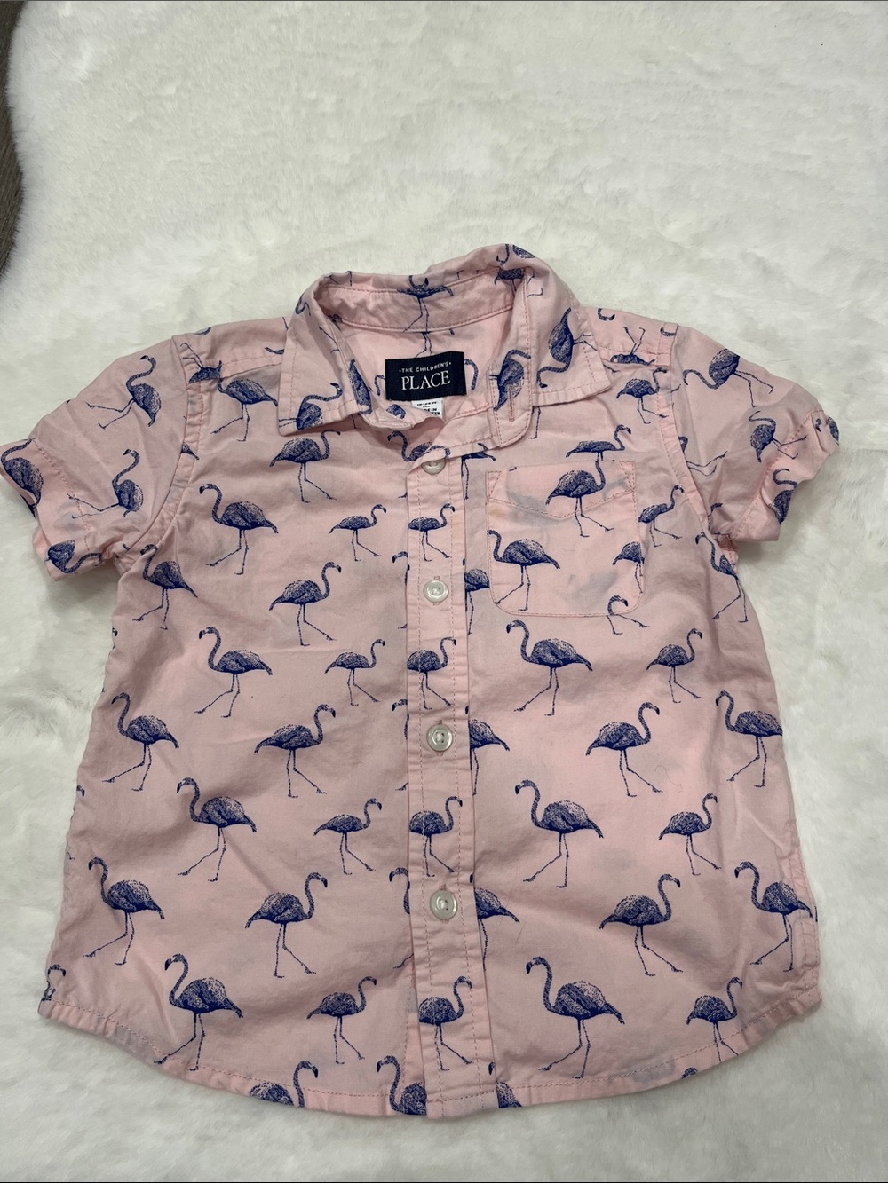 The Children's Place Pink Button-Down Shirt with Navy Flamingo Print